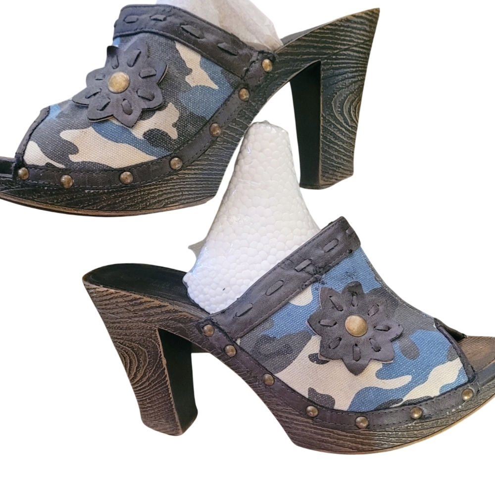 Womens' Blue Camouflage Denim Platform Slide Heels